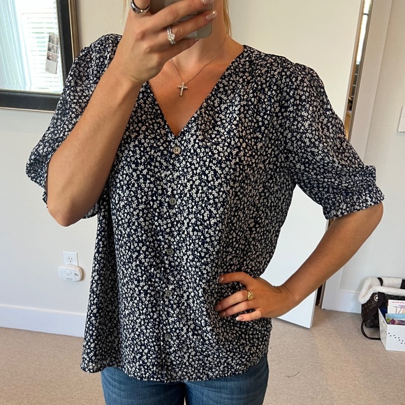 J Crew Factory V-Neck Puff Sleeve Blouse in Antique Navy - Picture 2 of 8